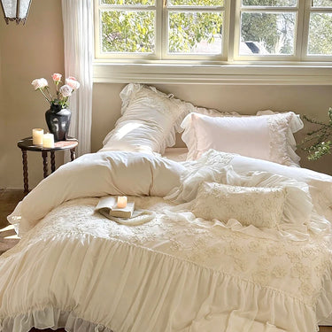 Romantic Wedding Pink Flower Cotton Chiffon Pleat Ruffles Bedding Set